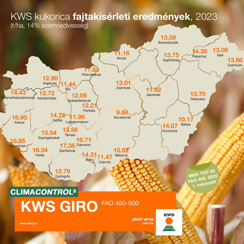 A rendkívül aszályos 2022-ben a KWS GIRO érte el a legnagyobb termést a Magyar Kukorica Klub TOP20 FAO 400 éréscsoportjában - 9,37 t/ha átlagtermés és 17,85 % szemnedvesség átlaggal.